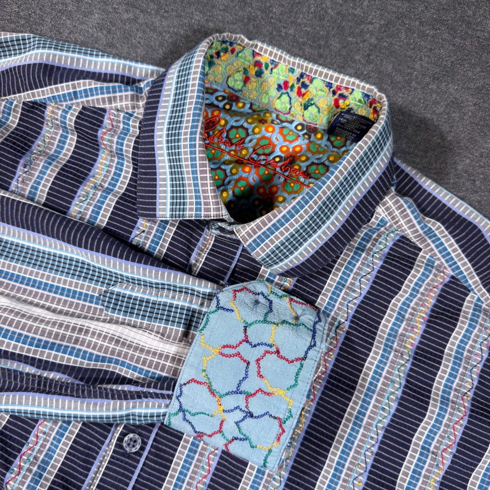 Robert Graham Button Up Shirt Mens LT Blue Striped Embroidered Flip Cuffs Floral